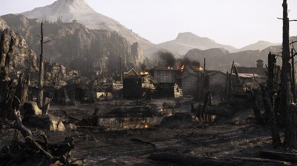 A screenshot from Hunt: Showdown 1896 showing a burning settlement surrounded by a desolate, mountainous landscape.