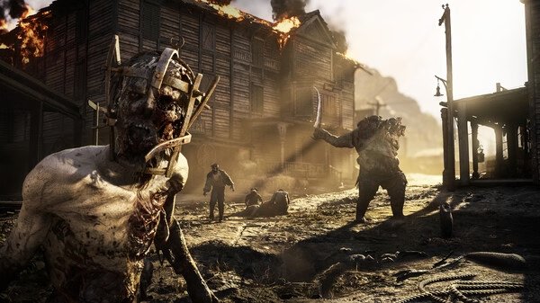 Screenshot from Hunt: Showdown 1896 showing zombies attacking near a burning wooden building with smoke rising.