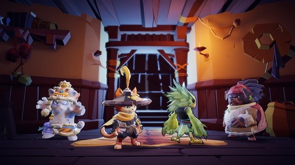 Screenshot from Gunfire Reborn showing four characters with distinct outfits standing in a colorful, stylized room.