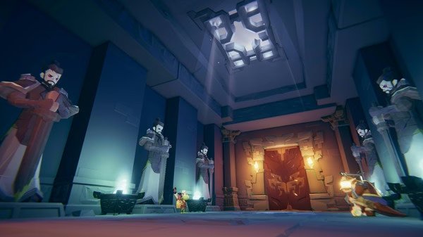 Screenshot from Gunfire Reborn showing a player character in a mystical chamber with large statues and an ornate door.