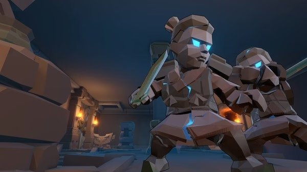Gunfire Reborn screenshot featuring two armored characters wielding swords in a dimly lit dungeon setting.
