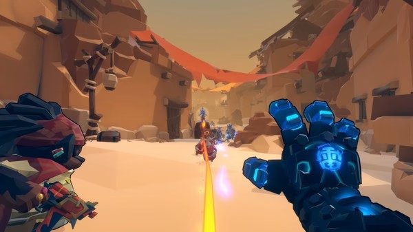 Gunfire Reborn screenshot: A player character fires at enemies in a desert landscape, with glowing blue gauntlet visible in the foreground.
