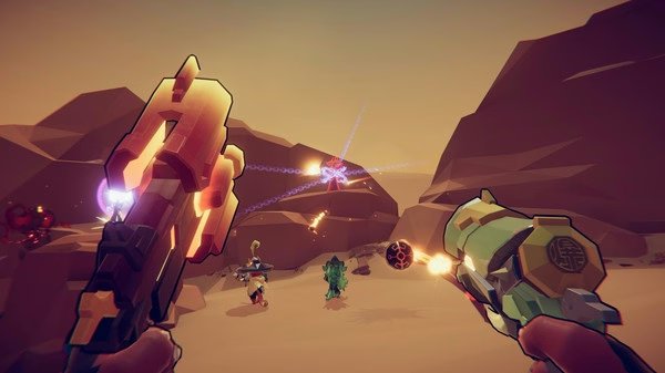Gunfire Reborn screenshot: Player's dual guns fire at enemies in a desert canyon, with a purple explosion in the background.