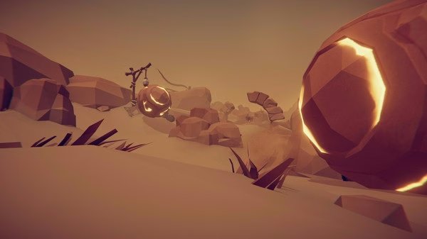 Gunfire Reborn screenshot showing a glowing sphere in a desert landscape surrounded by rocks and sand under an orange sky.