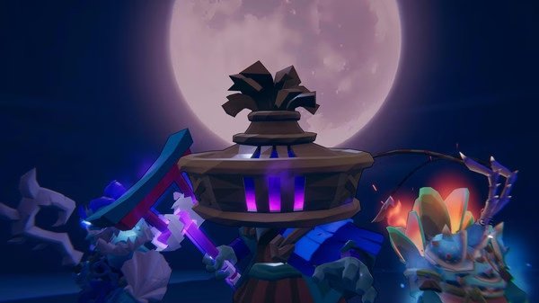 Gunfire Reborn screenshot: Three stylized characters stand against a glowing full moon backdrop, ready for battle.