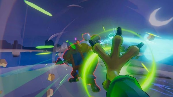 Gunfire Reborn screenshot: A player's hand casts a green energy spell as a warrior enemy approaches in a dynamic battle scene.