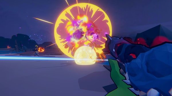 Gunfire Reborn screenshot: A player character fires at a glowing, explosive enemy in a dynamic desert landscape.