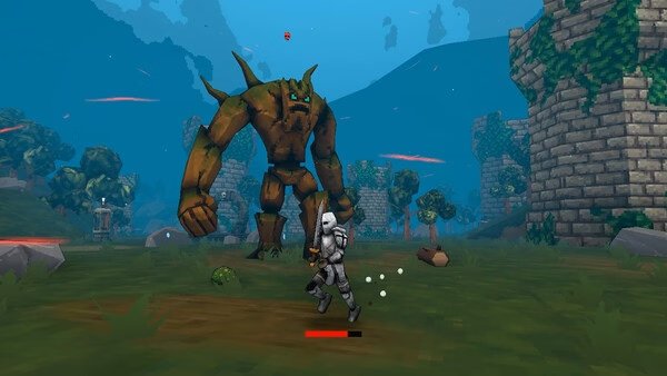 Screenshot from Megabonk showing a knight battling a large, green stone creature in a castle ruin landscape.