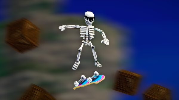 A Megabonk screenshot showing a skeleton mid-air, dodging wooden crates while riding a colorful skateboard against a blurred background.