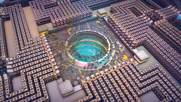'shapez 2 - Factory' screenshot showing a complex factory setup with conveyor belts and a central circular structure.