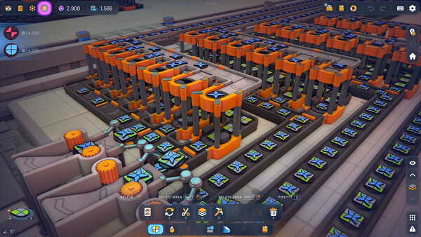 Screenshot from shapez 2 - Factory showing a complex assembly line with conveyors and robotic arms processing colored shapes.