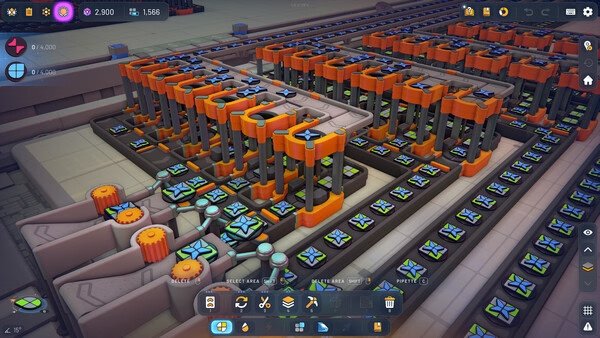 Screenshot from shapez 2 - Factory showing a complex assembly line with conveyors and robotic arms processing colored shapes.