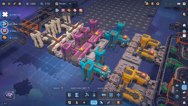 shapez 2 - Factory screenshot: A complex assembly line with colorful machinery and resources on a grid layout.