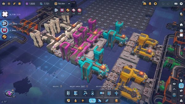 shapez 2 - Factory screenshot: A complex assembly line with colorful machinery and resources on a grid layout.