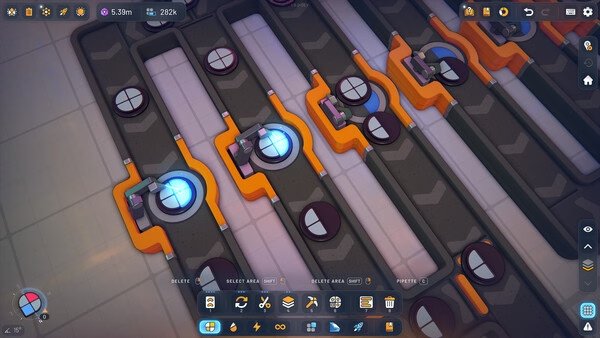 Screenshot of shapez 2 - Factory showing a conveyor belt system with circular and semi-circular shapes being processed.