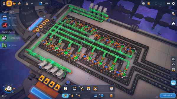 shapez 2 - Factory screenshot: A complex network of conveyor belts and machines processing shapes in a futuristic factory setting.