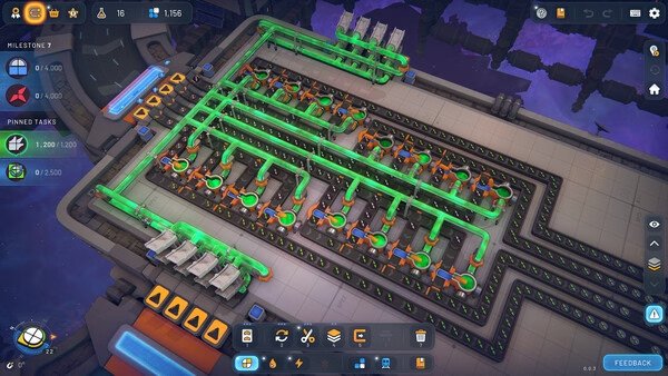 shapez 2 - Factory screenshot: A complex network of conveyor belts and machines processing shapes in a futuristic factory setting.