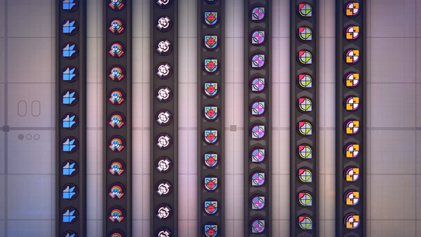 Screenshot from shapez 2 - Factory: A grid layout with colorful geometric shapes organized in rows and columns, showcasing factory efficiency.