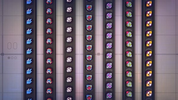 Screenshot from shapez 2 - Factory: A grid layout with colorful geometric shapes organized in rows and columns, showcasing factory efficiency.