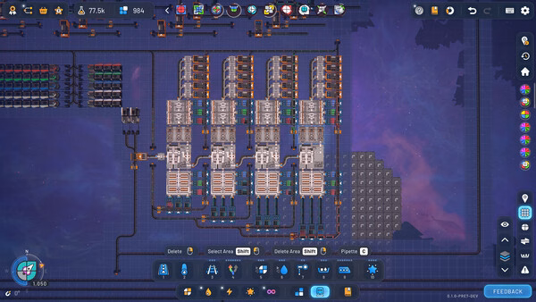 Screenshot of shapez 2 - Factory showing a complex factory layout with conveyor belts, machines, and resource nodes on a grid.