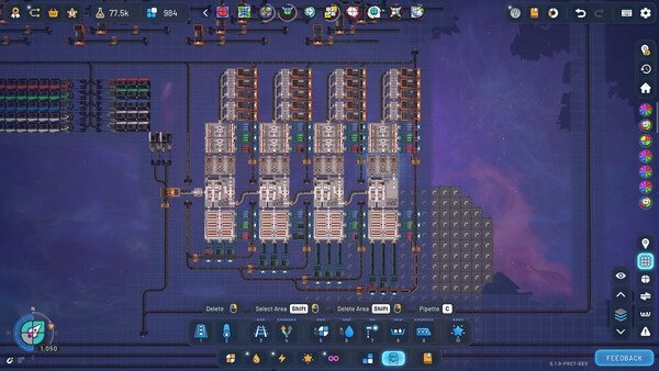 Screenshot of shapez 2 - Factory showing a complex factory layout with conveyor belts, machines, and resource nodes on a grid.