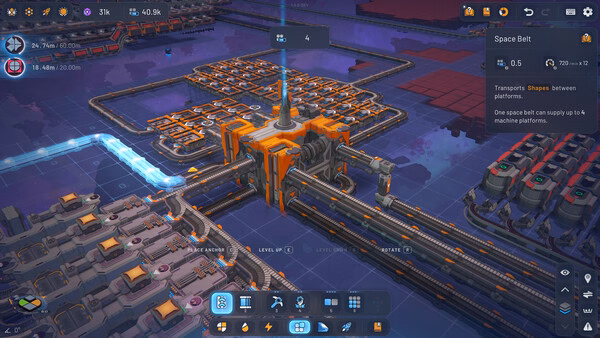 Screenshot of shapez 2 - Factory, showcasing a complex conveyor belt system and machinery on a grid layout.