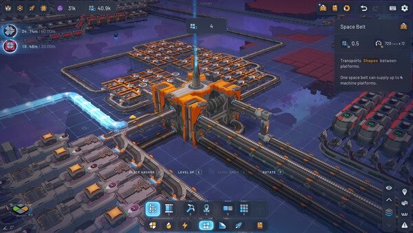 Screenshot of shapez 2 - Factory, showcasing a complex conveyor belt system and machinery on a grid layout.