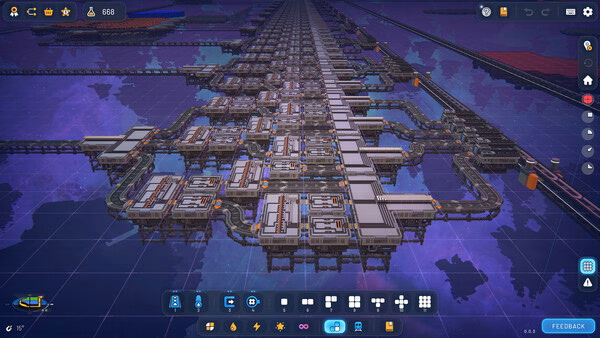 A screenshot from shapez 2 - Factory showing a sprawling, intricate factory setup with conveyor belts and production machines.