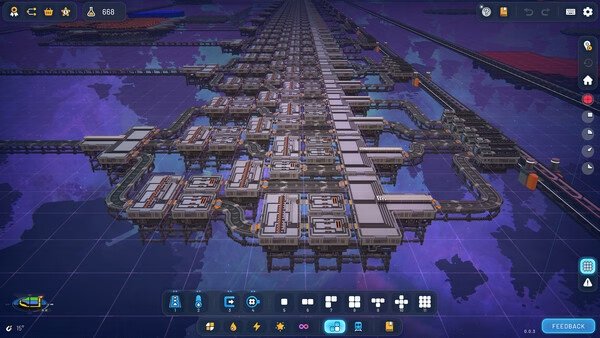 A screenshot from shapez 2 - Factory showing a sprawling, intricate factory setup with conveyor belts and production machines.