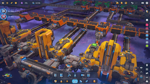 shapez 2 - Factory screenshot: Complex conveyor system transports colorful shapes through interconnected machinery.