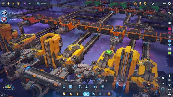 shapez 2 - Factory screenshot: Complex conveyor system transports colorful shapes through interconnected machinery.