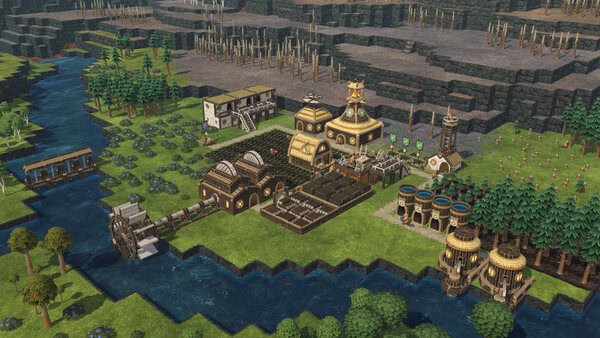 Screenshot of Timberborn showing a detailed beaver settlement with buildings, water wheels, and surrounding trees near a riverbank.