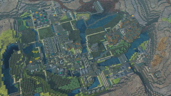 Timberborn screenshot: A sprawling beaver settlement with various buildings, farms, and waterways surrounded by green and brown terrain.