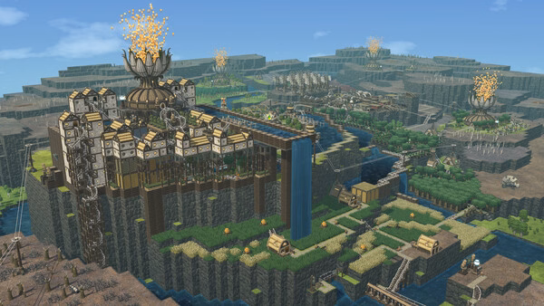A Timberborn screenshot showing a beaver settlement with wooden buildings, waterwheels, and green fields on elevated terrain.