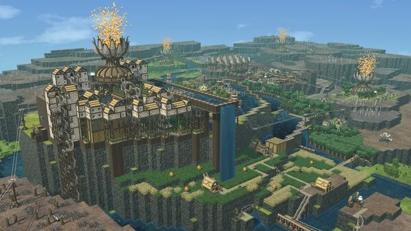 A Timberborn screenshot showing a beaver settlement with wooden buildings, waterwheels, and green fields on elevated terrain.