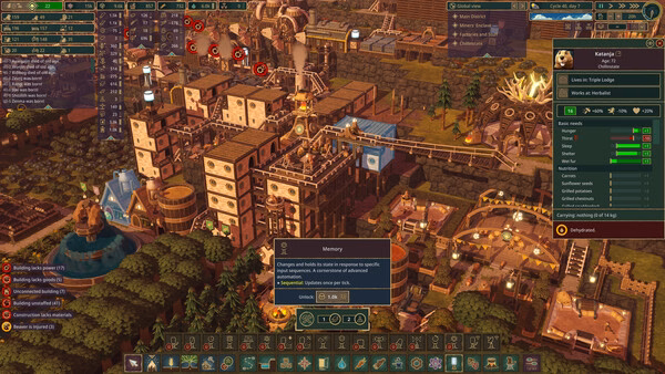 Screenshot from Timberborn showing a bustling beaver city with intricate buildings and pathways, highlighting resource management.