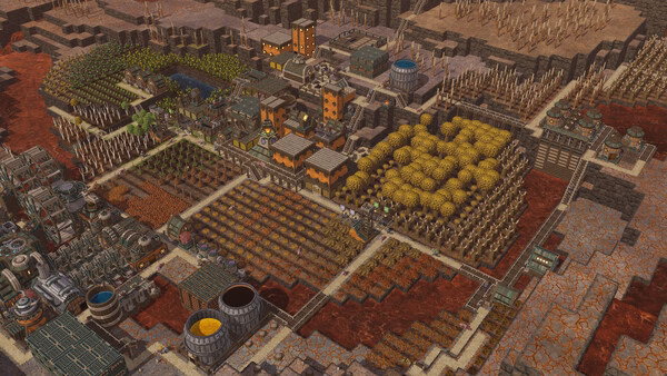 Screenshot of Timberborn showing a detailed beaver settlement with farms, buildings, water tanks, and industrial structures.