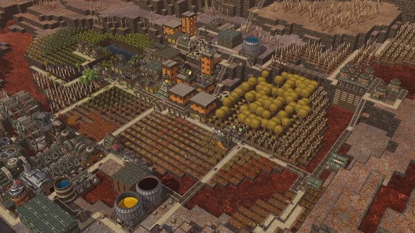 Screenshot of Timberborn showing a detailed beaver settlement with farms, buildings, water tanks, and industrial structures.