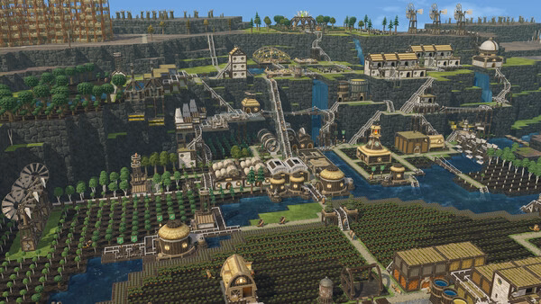 Screenshot of Timberborn showing a detailed beaver city with water wheels, farms, and wooden structures in a lush, sprawling landscape.