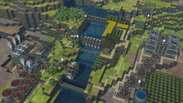 Screenshot from Timberborn showing a detailed beaver settlement with waterwheels, bridges, and lush farms along a winding river.