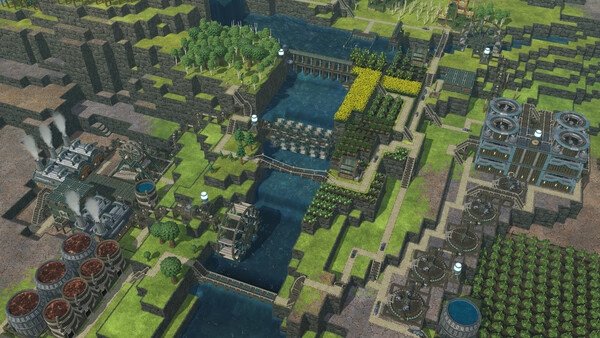 Screenshot from Timberborn showing a detailed beaver settlement with waterwheels, bridges, and lush farms along a winding river.