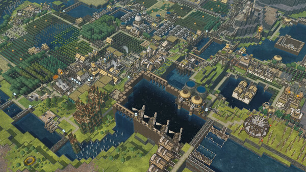 A Timberborn screenshot showing a large beaver settlement with dams, water reservoirs, farms, and various buildings surrounded by greenery.