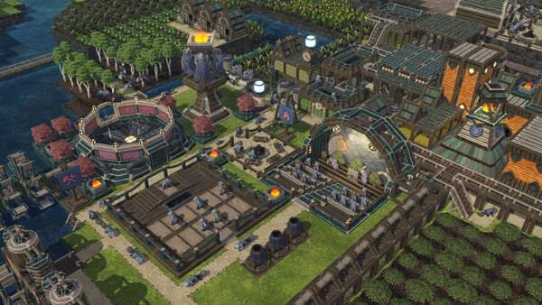Timberborn screenshot: A bustling beaver settlement with various buildings, crops, and a river running through the landscape.
