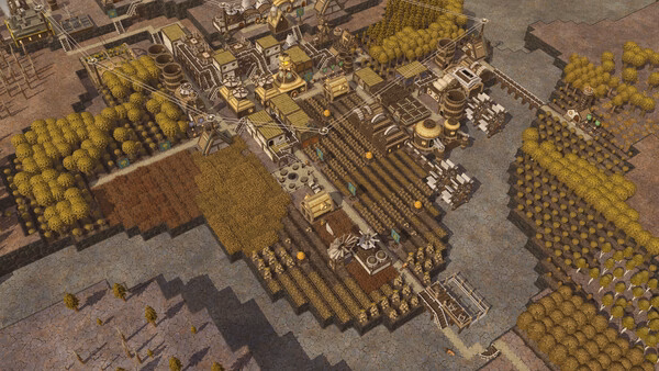 Screenshot from Timberborn showing a bustling beaver settlement with farms, buildings, and waterways on a detailed map.