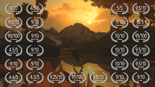 Screenshot of Cairn game showing a serene sunset over a mountain and lake, surrounded by multiple ratings and reviews.