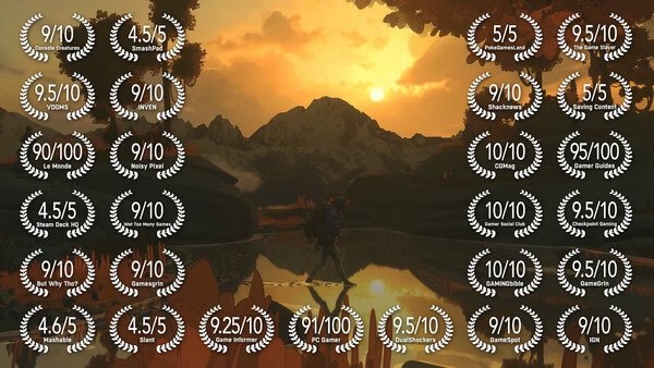 Screenshot of Cairn game showing a serene sunset over a mountain and lake, surrounded by multiple ratings and reviews.