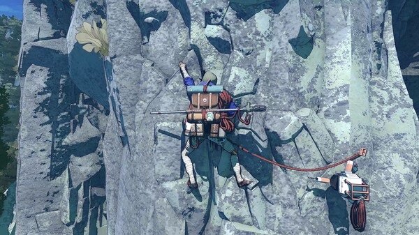 Cairn screenshot: A climber scales a rocky cliffside, equipped with a backpack and rope, set against a scenic mountainous backdrop.