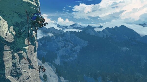 Screenshot from the game Cairn showing a person rock climbing on a steep cliff with mountains and clouds in the background.