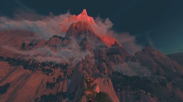 Screenshot from the game Cairn showcasing a towering mountain bathed in warm light, surrounded by mist and lush greenery.