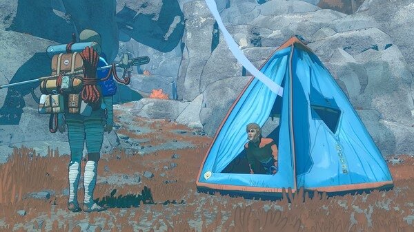 Screenshot from Cairn: A backpacker stands near a blue tent in a rocky landscape, conversing with a seated camper.